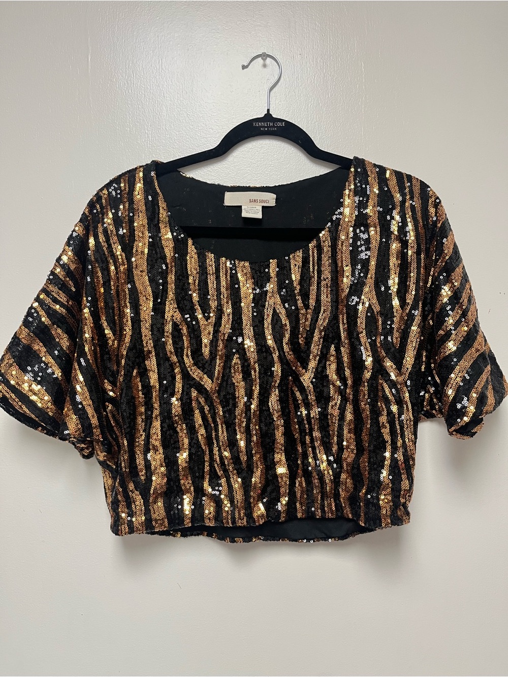 Sans Souci Black and Gold Sequin Zebra Stripe Crop Blouse